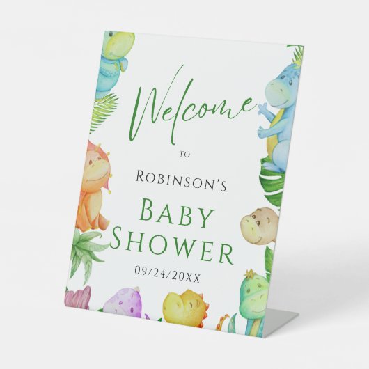 Schattige Little Dino Baby shower Reclamebord Met Voetstuk (Voorkant)