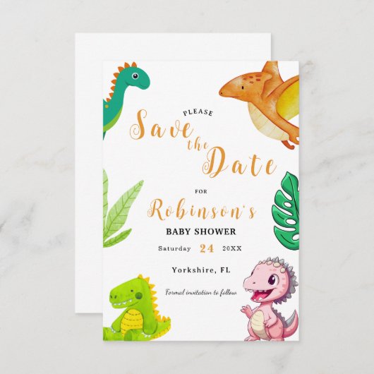 Schattige Little Dino Baby shower Save The Date (Voorkant / Achterkant)