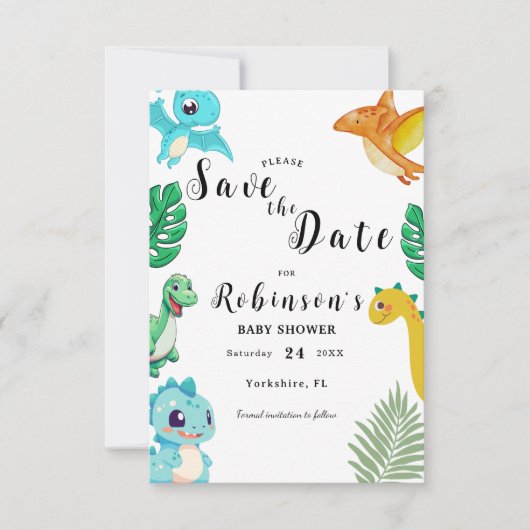 Schattige Little Dino Baby shower Save The Date (Voorkant)