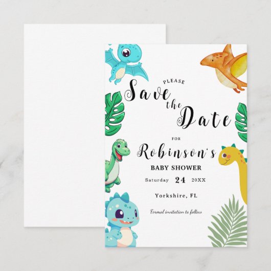 Schattige Little Dino Baby shower Save The Date (Voorkant / Achterkant)