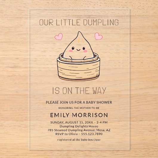 Schattige Little Dumpling Hearts Baby shower Acryl Uitnodigingen (Voorkant)
