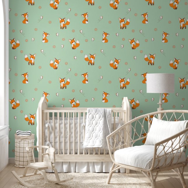 Schattige Little Fox Green Pattern Behang (Kinderen)