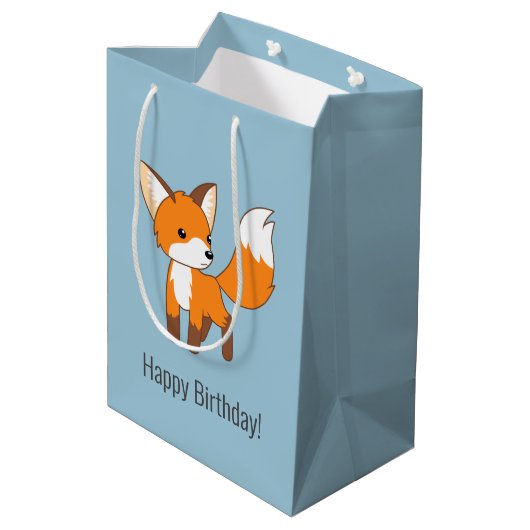 Schattige Little Fox Verjaardagsblauw Medium Cadeauzakje (Achterkant Gekanteld)
