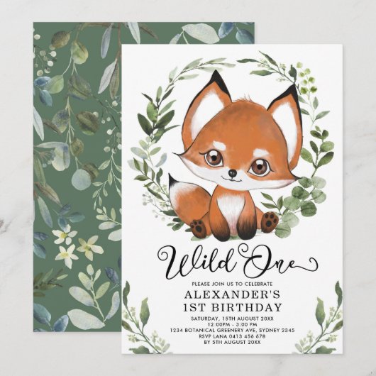 Schattige Little Fox Wild One Woodland 1e Verjaard Kaart (Voorkant / Achterkant)