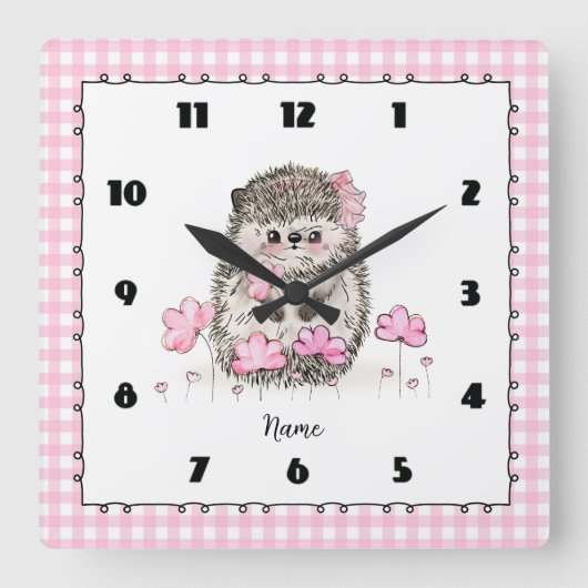 Schattige Little Hedgehog Custom Pink Vierkante Klok (Voorkant)