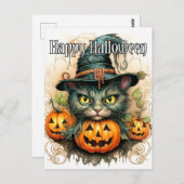 Schattige Little Kitty Cat Witch Happy Halloween Briefkaart (Voorkant / Achterkant)