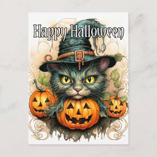 Schattige Little Kitty Cat Witch Happy Halloween Briefkaart (Voorkant)