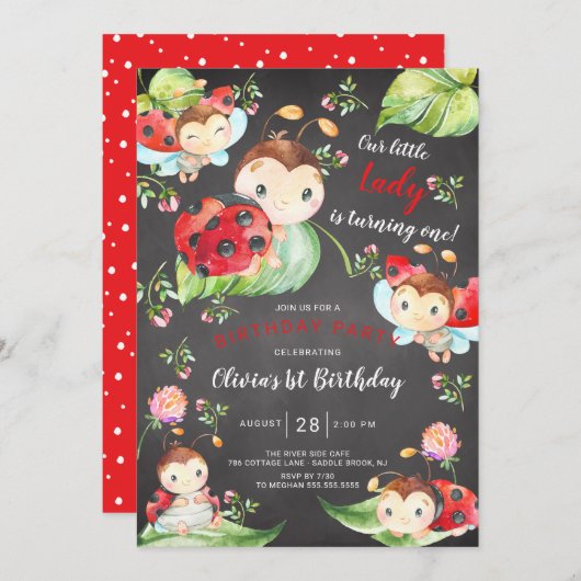 Schattige Little Lady Ladybug 1st Birthday Invitat Kaart (Voorkant / Achterkant)