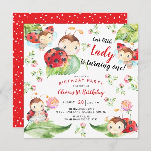 Schattige Little Lady Ladybug 1st Birthday Invitat Kaart (Voorkant / Achterkant)