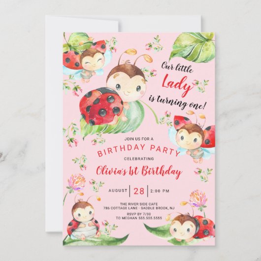 Schattige Little Lady Ladybug 1st Birthday Invitat Kaart (Voorkant)