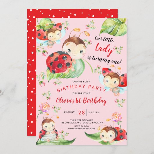 Schattige Little Lady Ladybug 1st Birthday Invitat Kaart (Voorkant / Achterkant)