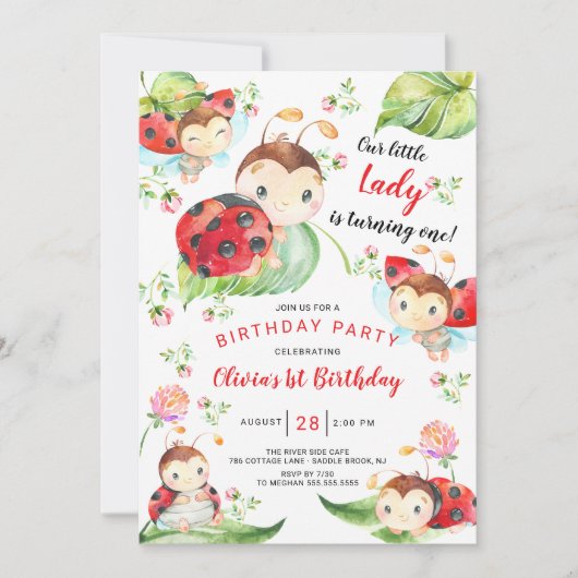 Schattige Little Lady Ladybug 1st Birthday Invitat Kaart (Voorkant)