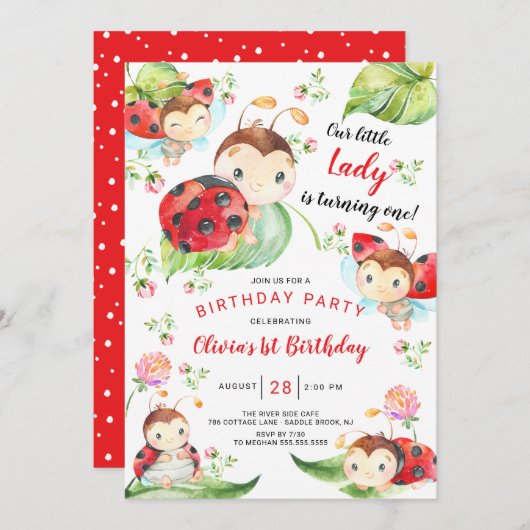 Schattige Little Lady Ladybug 1st Birthday Invitat Kaart (Voorkant / Achterkant)