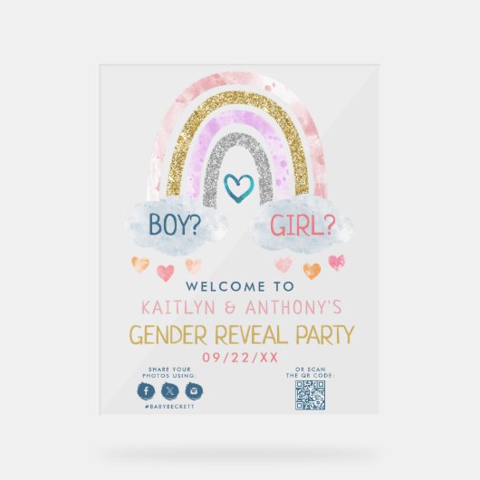 Schattige Little Rainbow Gender Reveal Party Welko Acryl Bord (Voorkant)