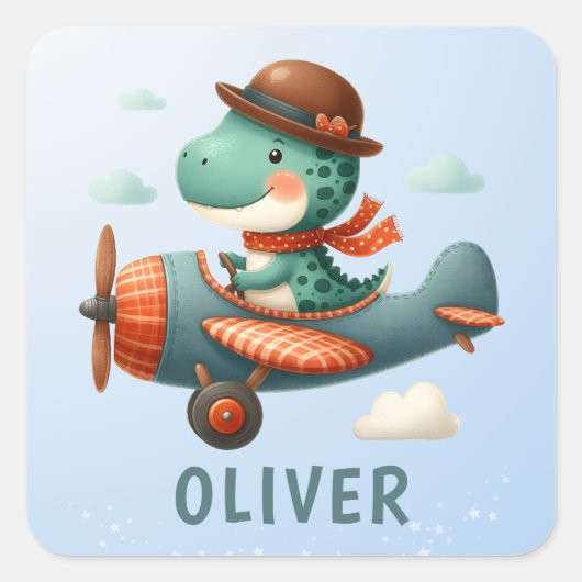 Schattige Little Trex Dinosaurus Vliegtuig Vierkante Sticker (Voorkant)