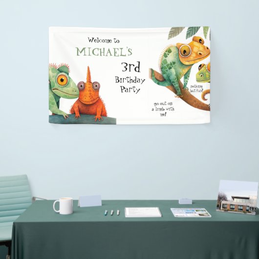 Schattige Lizard Boy Verjaardagsfeestje Welkom Spandoek (Beurs)