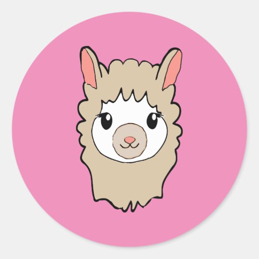 Schattige Llama Gezicht Tekening Roze Ronde Sticker (Voorkant)