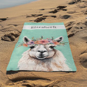 Schattige Llama Wildflower Blauwgroen Naam Kind Strandlaken