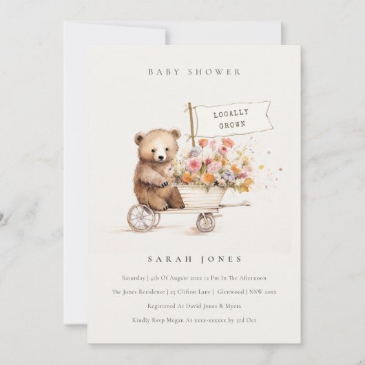 Schattige lokaal geteeld Teddy Floral Cart Baby sh Kaart (Voorkant)