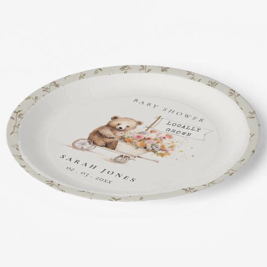 Schattige lokaal geteeld Teddy Floral Cart Baby sh Papieren Bordje (Gekanteld)