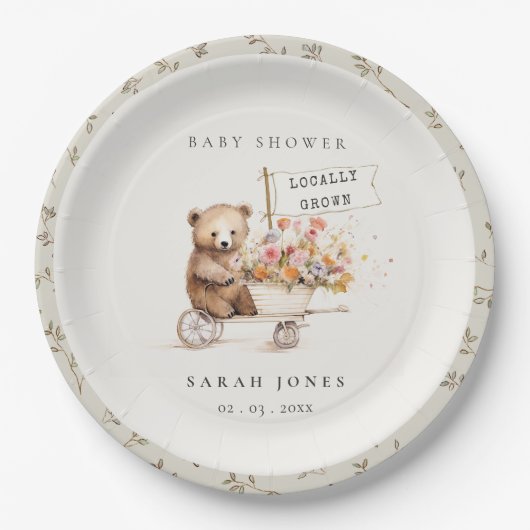 Schattige lokaal geteeld Teddy Floral Cart Baby sh Papieren Bordje (Voorkant)