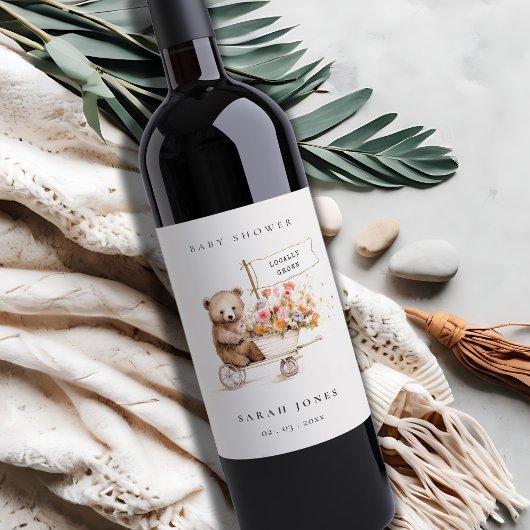 Schattige lokaal geteeld Teddy Floral Cart Baby sh Wijn Etiket