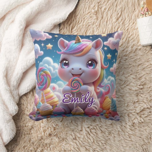 Schattige Lollipop Unicorn Kussen – Bewerkbare naa (Deken)