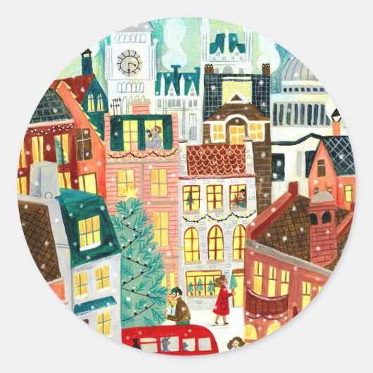 Schattige Londen City in de Sneeuw Kerstvakantie Ronde Sticker (Voorkant)