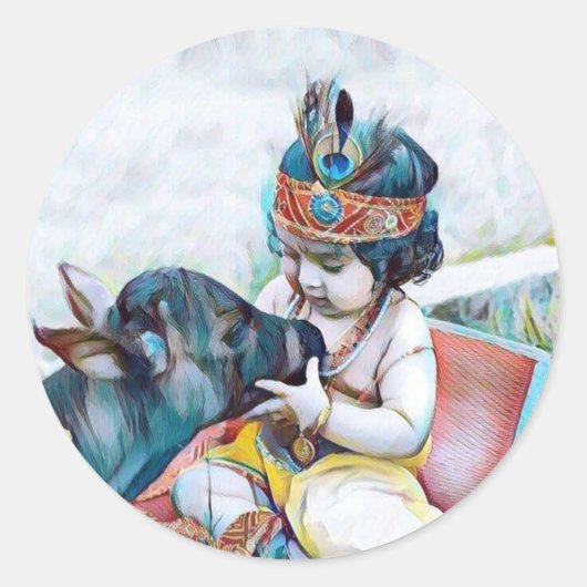 schattige lord krishna met klassieke koeienstift ronde sticker (Voorkant)