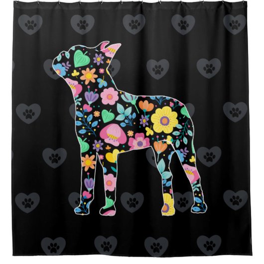 Schattige Love My Boston Terrier bloemenontwerp Douchegordijn (Voorkant)