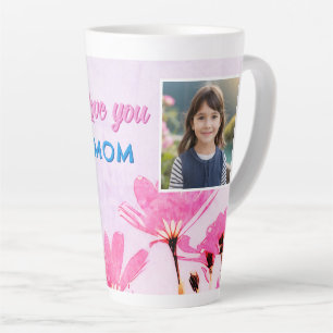 Schattige Love you Mom Roze Bloemen 2 Foto's Latte Mok