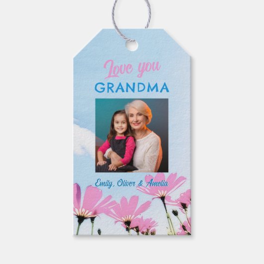 Schattige Love you Oma Pink Flowers Foto Cadeaulabel (Voorkant)