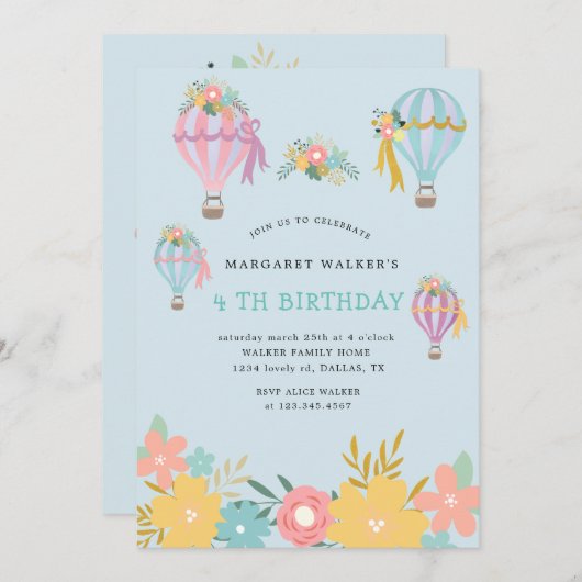 schattige luchtballon Verjaardag Uitnodiging (Voorkant / Achterkant)