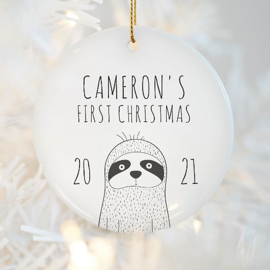 Schattige luiaard baby's eerste kerstfeest zwart w keramisch ornament