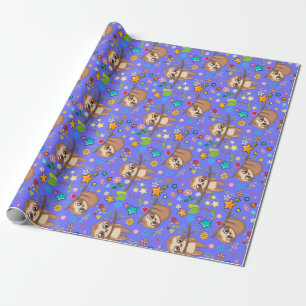 Schattige Luiaard Blauwe Patroon Baby Shower Verja Cadeaupapier