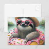 Schattige luiaard drijvend in een verglaasde donut briefkaart (Voorkant / Achterkant)