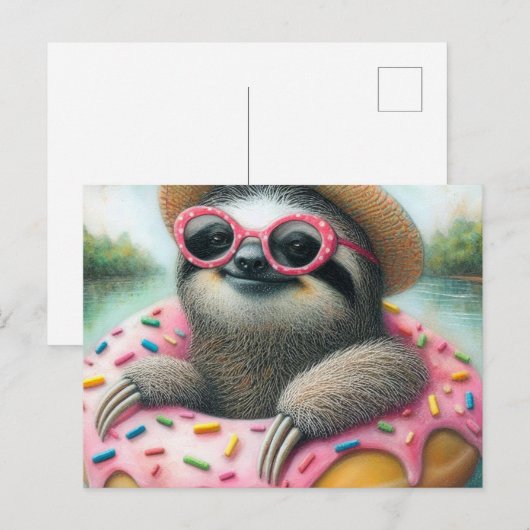 Schattige luiaard drijvend in een verglaasde donut briefkaart (Voorkant / Achterkant)