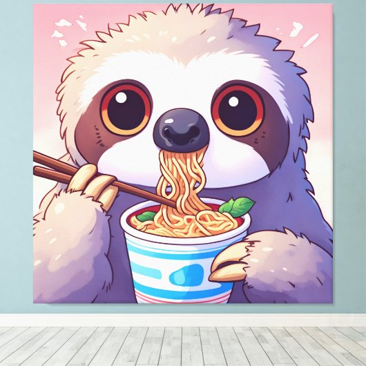 Schattige luiaard eten Ramen Canvas Afdruk (Insitu (Houten vloer))