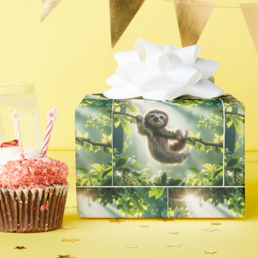 Schattige luiaard hangend aan een tak in zonnestra cadeaupapier (Verjaardagsfeest)