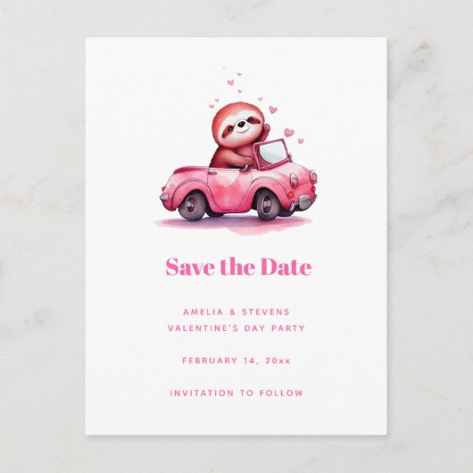 Schattige luiaard in een roze cabrio aankondigingskaart (Voorkant)