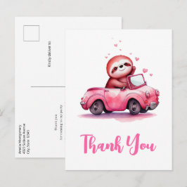Schattige luiaard in een roze cabrio bedankt briefkaart