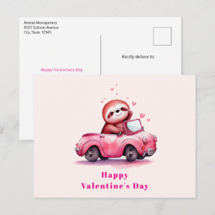 Schattige luiaard in een roze cabrio Valentijnsdag Feestdagenkaart