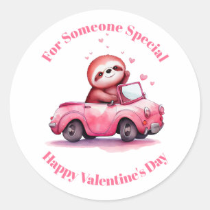 Schattige luiaard in een roze cabrio Valentijnsdag Ronde Sticker
