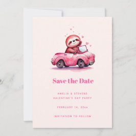 Schattige luiaard in een roze cabriolet save the date