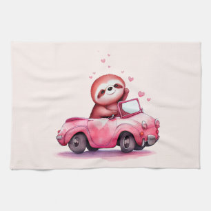 Schattige luiaard in een roze cabriolet theedoek