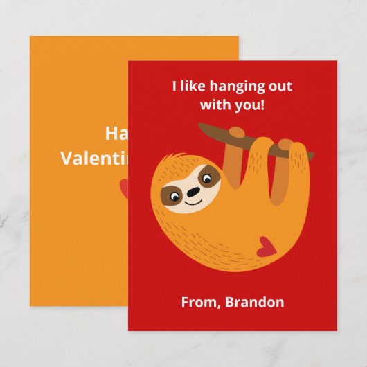 Schattige luiaard kinderen Valentijnsdag klaslokaa Notitiekaartje (Voorkant / Achterkant)