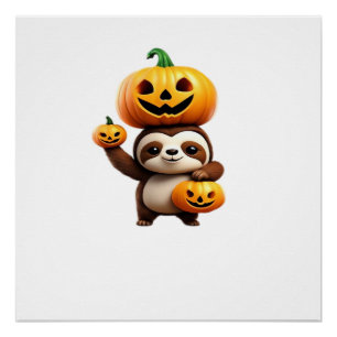Schattige luiaard met pompoen Halloween-cartoon Ve Perfect Poster