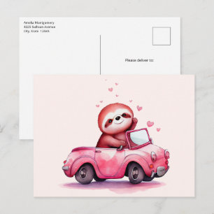 Schattige luiaard rijdt in een roze cabrio briefkaart