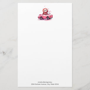 Schattige luiaard rijdt in een roze cabrio briefpapier