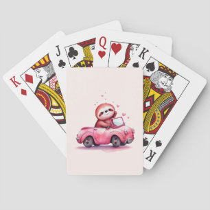 Schattige luiaard rijdt in een roze cabrio pokerkaarten